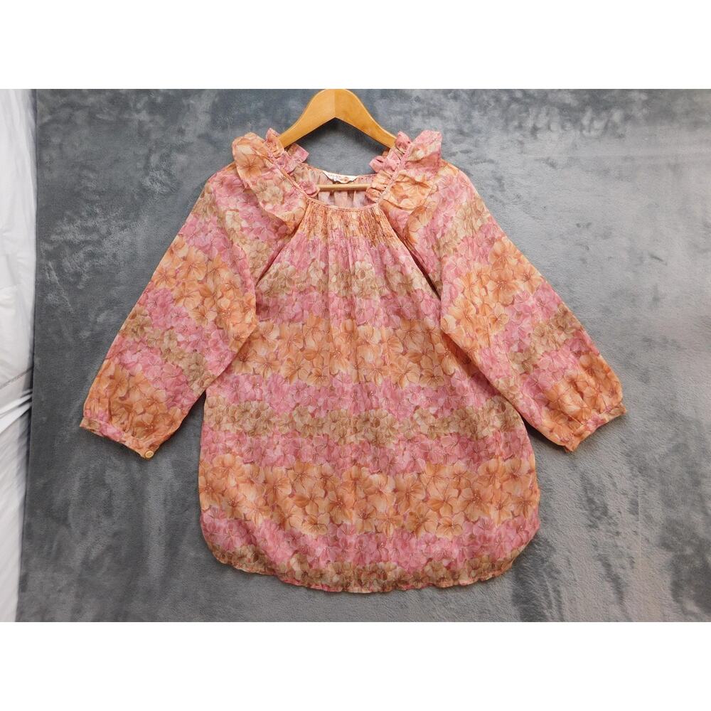 VTG SO-EN Blouse Womens L Pink Tunic Raglan Long Sleeve Ruffle Button Chiffon